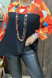 S, M, L, XL  Black Flowy Top with Orange printed sleeves