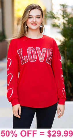 2X, 3X : Red LOVE Sequin long sleeve top