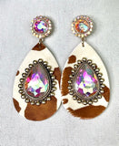 Tan Cow Teardrop earrings with bling rhinestones