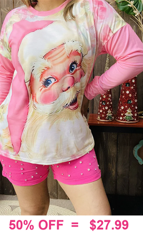 S,L,2X,3,X. Pink SANTA long sleeve top