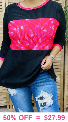 Black waffle knit top with pink zebra