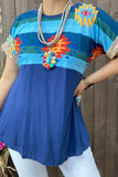 Blue tribal top with sequin trim short sleeves