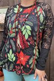 Holiday Floral top with Black lace sleeves