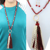 Red & Leopard crystal necklace with gold ring and tassel