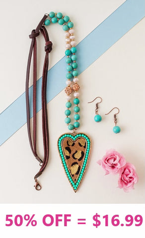 Turquoise Beaded Necklace with Gold Leopard Heart Pendant