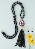 Black Crystal Necklace with Teardrop Rhinestone pendant & tassel