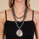 Bling Concho Pendant, Silver 3 Strand Navajo Pearl Necklace
