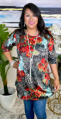 S-M-L : Grey Leopard Coral Floral SCOOP Tunic