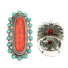 Red Oval Stone with Turquoise Border Stretch Ring