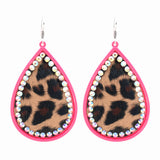 Neon Pink trim leopard teardrop bling earrings