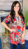 S, M, L, 2X Taupe Leopard & Coral Floral Flutter Tunic