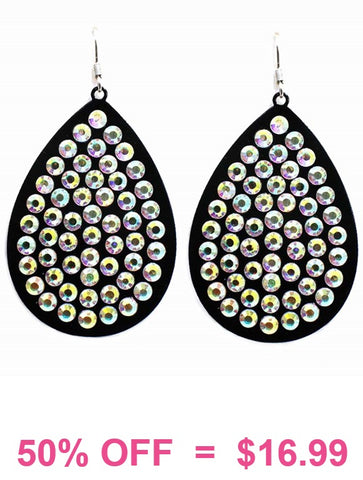 Black Teardrop Earrings with Bling AB Rhinestones