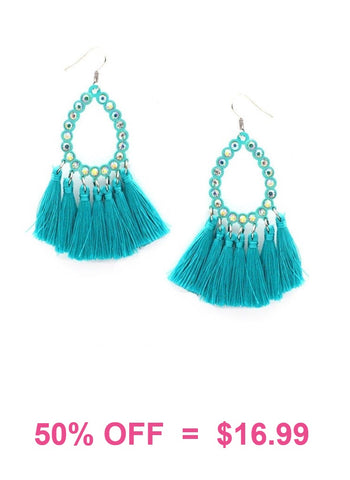 Turquoise Gala Bling Teardrop Earrings with Tassels- Medium size