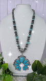 Turquoise & Silver Navajo Pearl Beaded Necklace with Multi Stone Squash Blossom Pendant