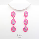 Neon Pink Triple Bling Oval Dangle Earrings