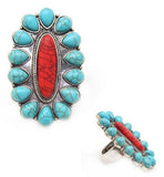 Turquoise & Red Oval Concho Stretch Ring