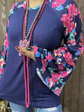 Navy Blue Top with Pink floral bell sleeves