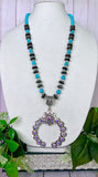 Single Strand Turquoise & Silver Navajo Pearl Beaded Necklace with bling squash pendant