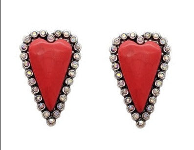 RED Heart Stone Earring with Silver BLING Border on Stud Post - Small size