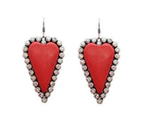 Red Stone Bling Trim Heart Earrings Silver tone