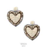 White Beaded Heart earrings with border