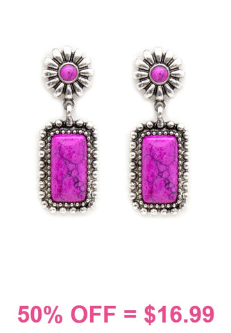 Western Silver Border earrings w/ Pink Rectangle Stone