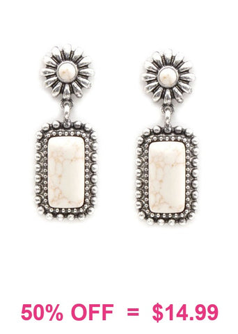 Western Drop Post Earrings with Silver Border & Cream Rectangle Stone