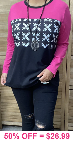 Pink, Tribal, Black color block top