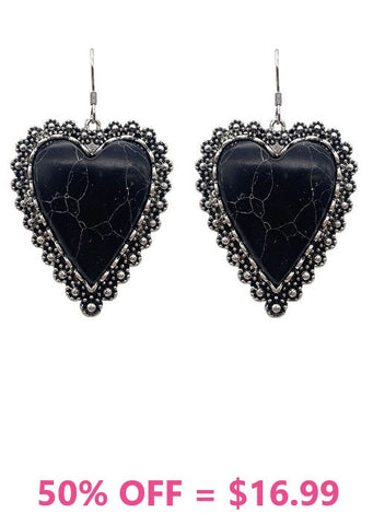 Black stone heart earrings silver trim