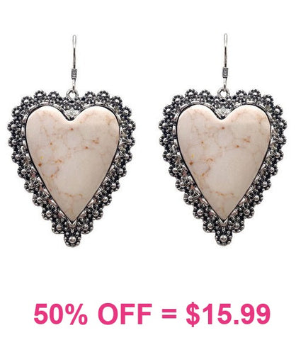 Cream stone heart earrings silver trim