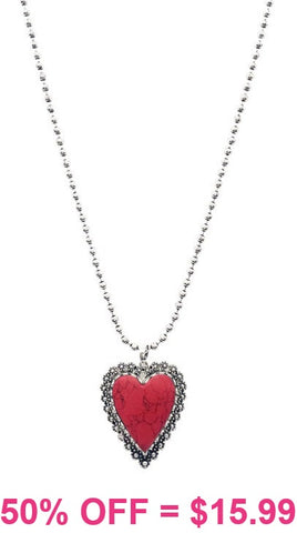 Red Stone Heart Pendant Ball Chain Necklace