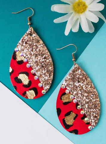 Red & GOLD Leopard  Teardrop Bling Earrings