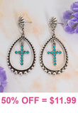 Silver teardrop earrings with turquoise dangle cross