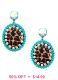 Leopard Oval with Rhinestone & Turquoise trim earrings