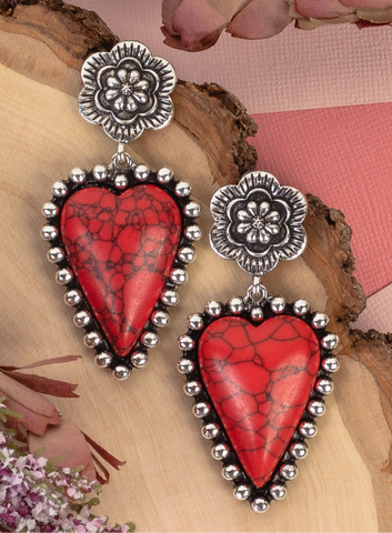 Red Heart post earrings with silver trim