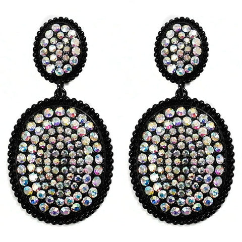 Black Bling Oval Dangle Earrings with Stud Post