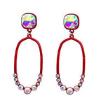 Red Thin Oval Outline Earrings with AB Rhinestone Stud