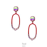 Red Thin Oval Outline Earrings with AB Rhinestone Stud