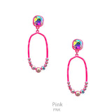 Neon Pink Thin Oval Outline Earrings with AB Rhinestone Stud