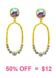 Yellow Thin Oval Outline Earrings with AB Rhinestone Stud