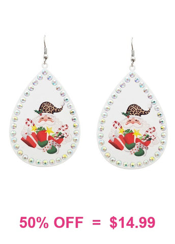 Leopard Santa White teardrop bling earrings