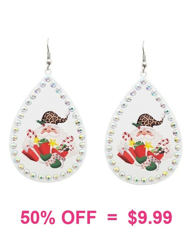 Leopard Santa White teardrop bling earrings