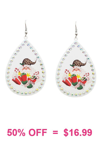 Leopard Santa White teardrop bling earrings