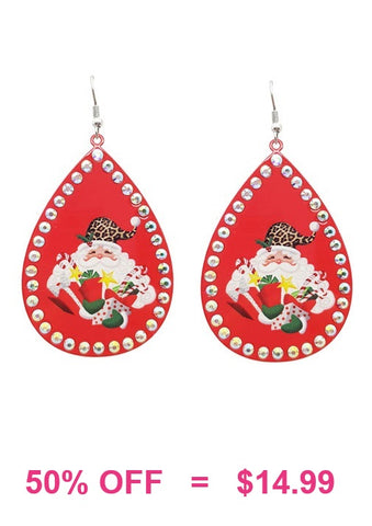 Leopard Santa red teardrop bling earrings