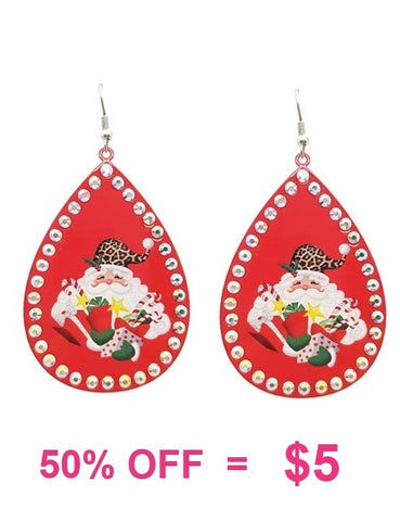 Leopard Santa red teardrop bling earrings