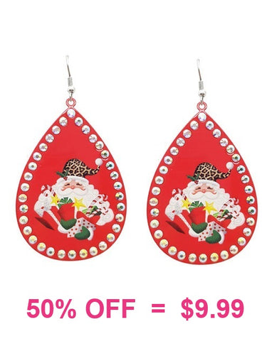 Leopard Santa red teardrop bling earrings