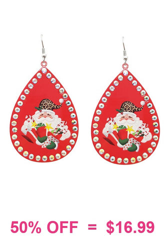 Leopard Santa red teardrop bling earrings