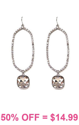 Bling Silver Oval Outline Earrings with Dangle Rhinestone Charm