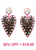 Leopard Heart Rhinestone post Earrings Neon Pink trim