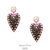 Leopard Heart Rhinestone post Earrings Neon Pink trim